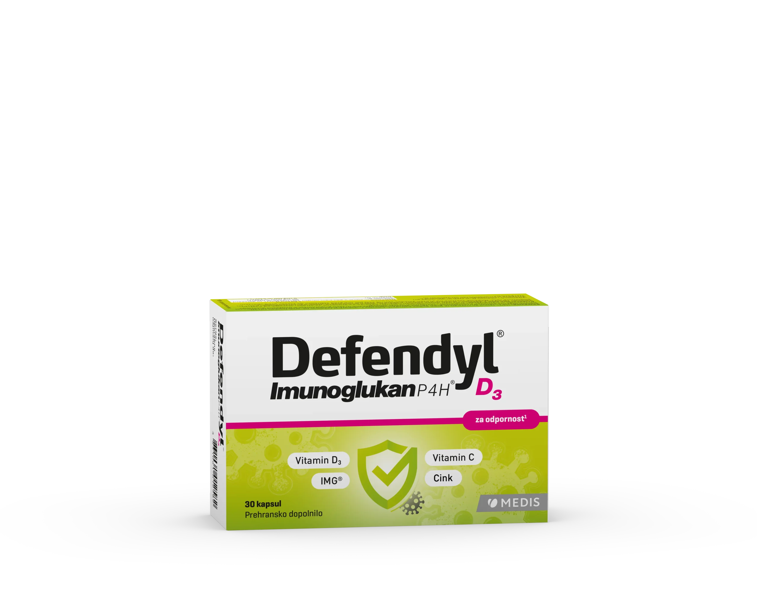 Defendyl Imunoglukan P4H® D₃ kapsule, 30 kapsul Defendyl Imunoglukan P4H D3 kapsule 30 kapsul z IMG iz bukovega ostrigarja, vitaminom C, vitaminom D3 in cinkom za podporo imunskemu sistemu.