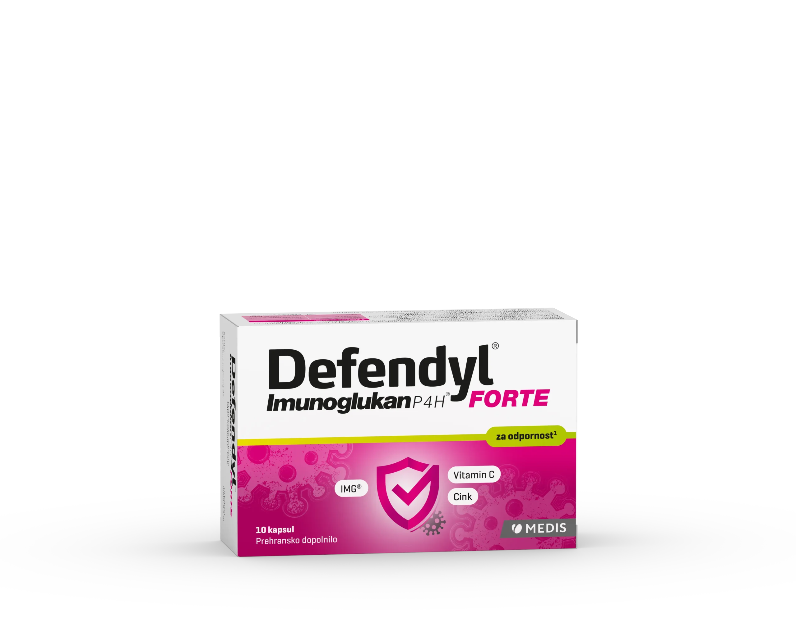 Defendyl Imunoglukan P4H® FORTE kapsule 10 kapsul Defendyl Imunoglukan P4H FORTE kapsule 10 kapsul z IMG iz bukovega ostrigarja, vitaminom C in cinkom za kratkotrajno podporo imunskemu sistemu.
