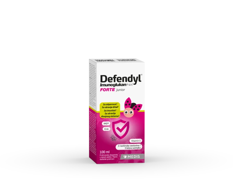 Defendyl Imunoglukan P4H FORTE Junior sirup 100 ml za otroke z IMG iz bukovega ostrigarja, vitaminom C, cinkom, črnim bezgom, črnim ribezom in okroglolistno rosiko.