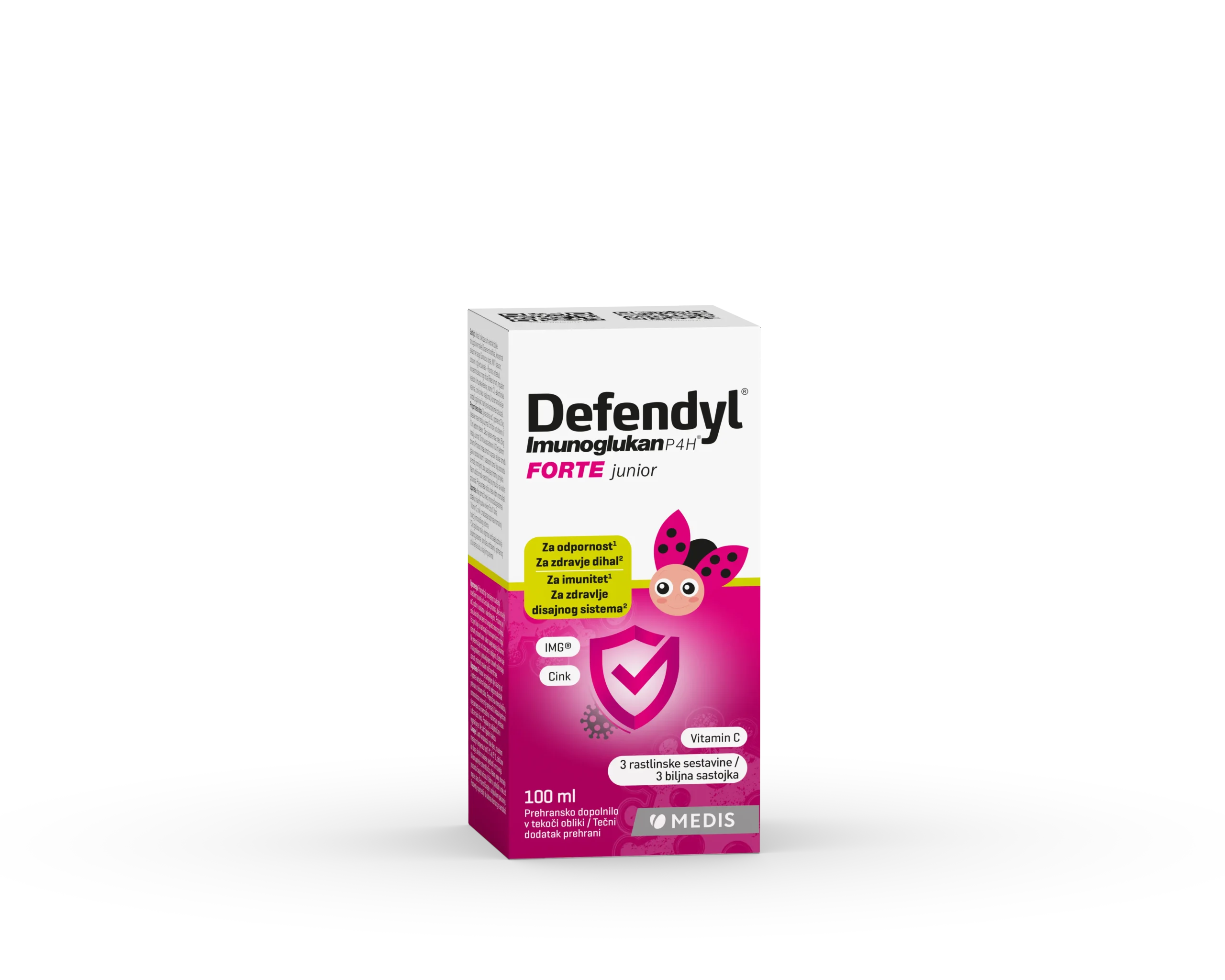 Defendyl Imunoglukan P4H® FORTE Junior sirup 100 ml Defendyl Imunoglukan P4H FORTE Junior sirup 100 ml za otroke z IMG iz bukovega ostrigarja, vitaminom C, cinkom, črnim bezgom, črnim ribezom in okroglolistno rosiko.