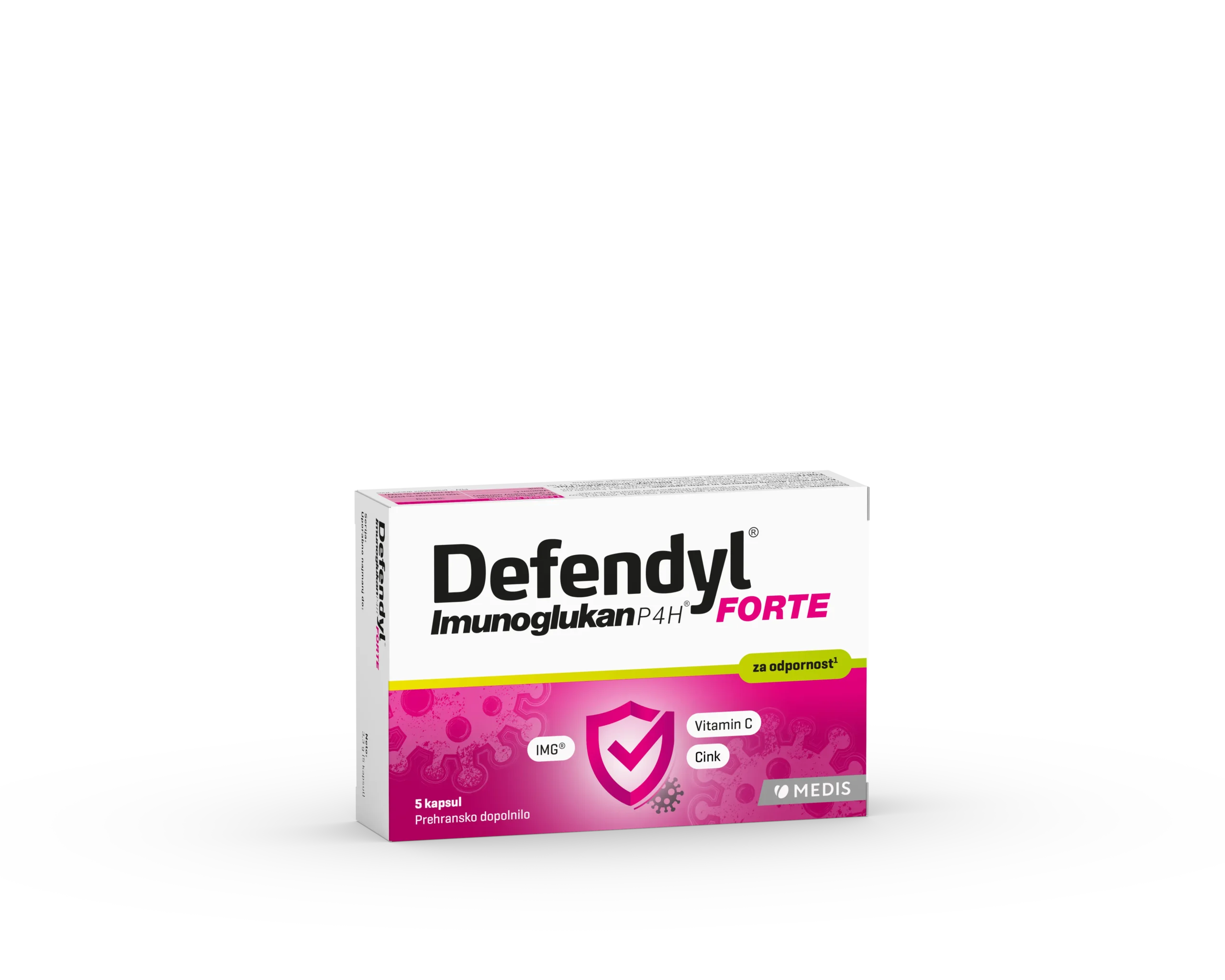 Defendyl Imunoglukan P4H® FORTE kapsule 5 kapsul Defendyl Imunoglukan P4H FORTE kapsule 5 kapsul z IMG iz bukovega ostrigarja, vitaminom C in cinkom za kratkotrajno podporo imunskemu sistemu.