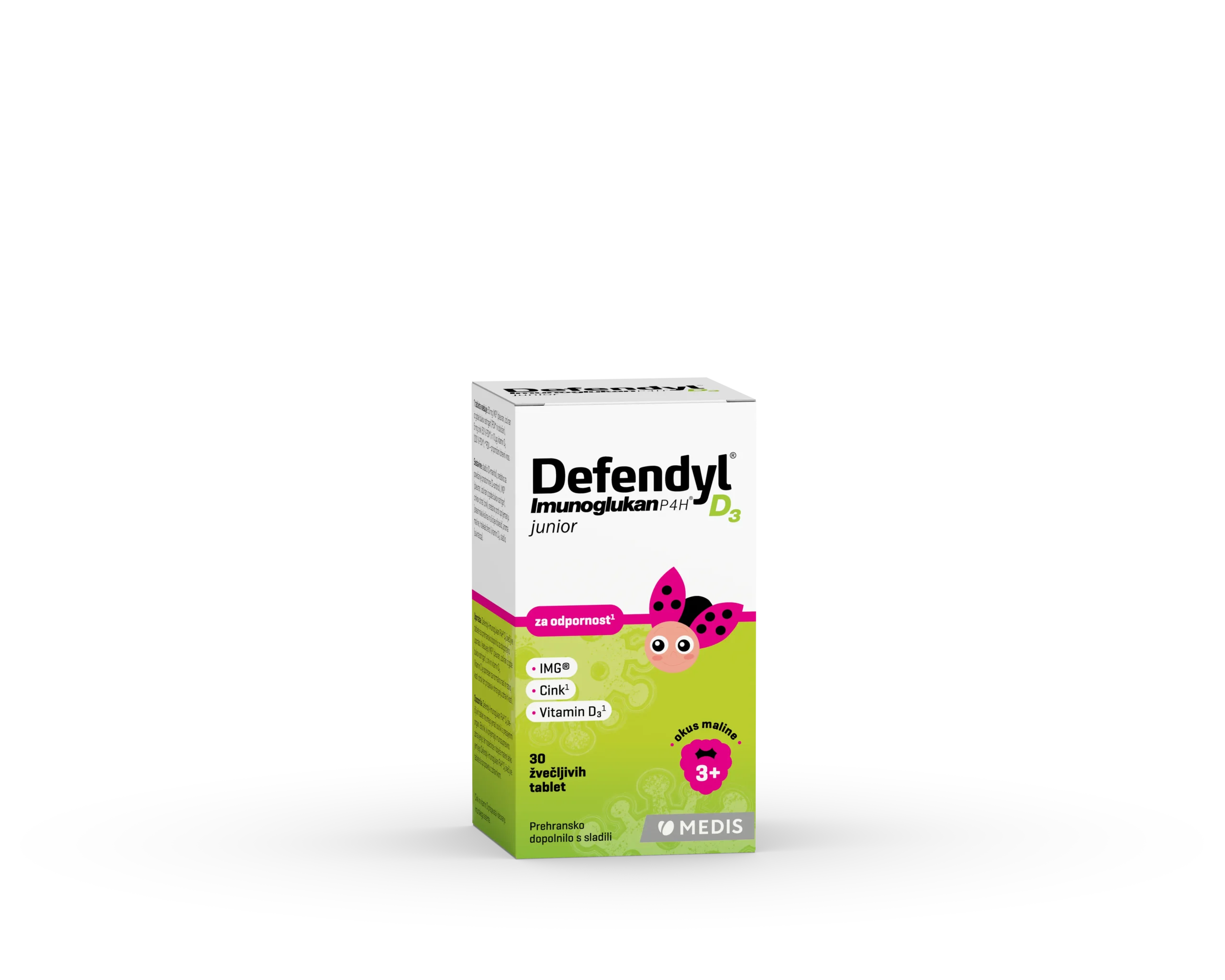Defendyl Imunoglukan P4H® D₃ Junior žvečljive tablete, 30 tablet Defendyl Imunoglukan P4H D3 Junior žvečljive tablete z okusom maline za otroke, z IMG iz bukovega ostrigarja, vitaminom D3 in cinkom.