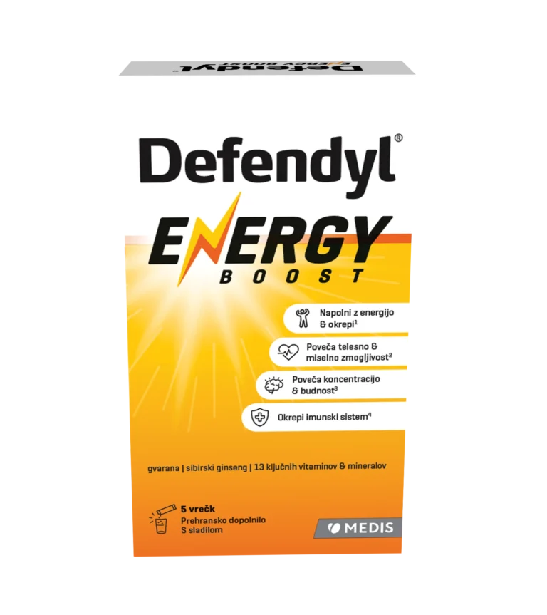 Defendyl Energy Boost 5 vrečk, prašek za poživljajoč napitek z okusom tropskega sadja, z gvarano, sibirskim ginsengom, vitamini in minerali za energijo, budnost in koncentracijo.