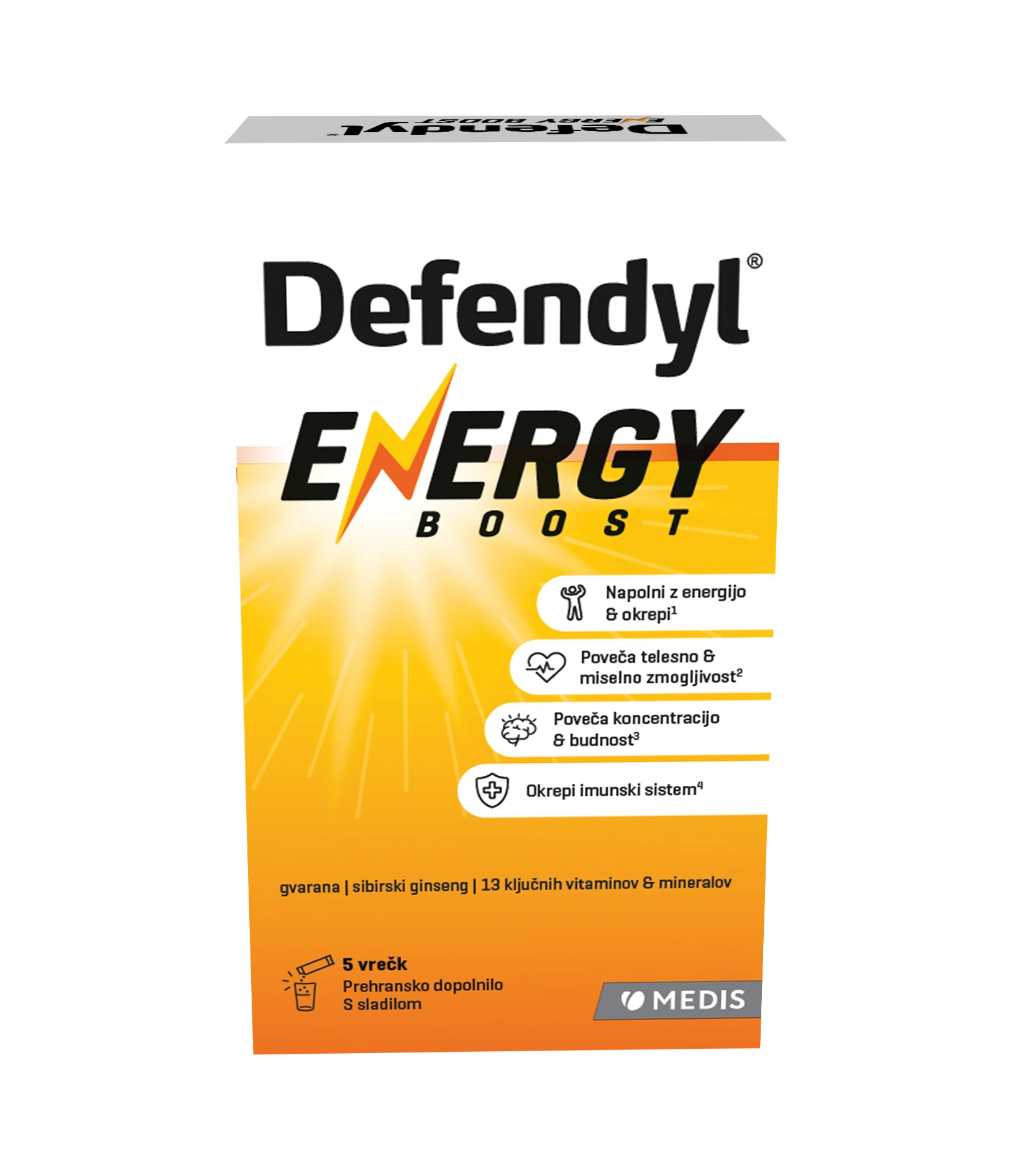 Defendyl® Energy Boost, 5 vrečk Defendyl Energy Boost 5 vrečk, prašek za poživljajoč napitek z okusom tropskega sadja, z gvarano, sibirskim ginsengom, vitamini in minerali za energijo, budnost in koncentracijo.
