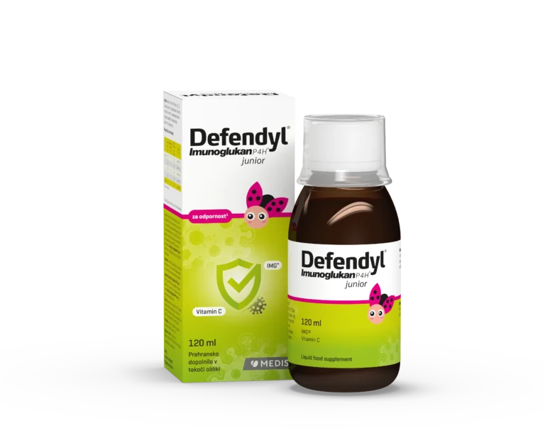 Defendyl Imunoglukan P4H Junior sirup 120 ml za otroke, z IMG iz bukovega ostrigarja in vitaminom C za podporo imunskemu sistemu.