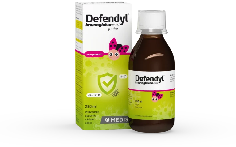 Defendyl Imunoglukan P4H Junior sirup 250 ml, prehransko dopolnilo za otroke z IMG iz bukovega ostrigarja in vitaminom C za podporo imunskemu sistemu.