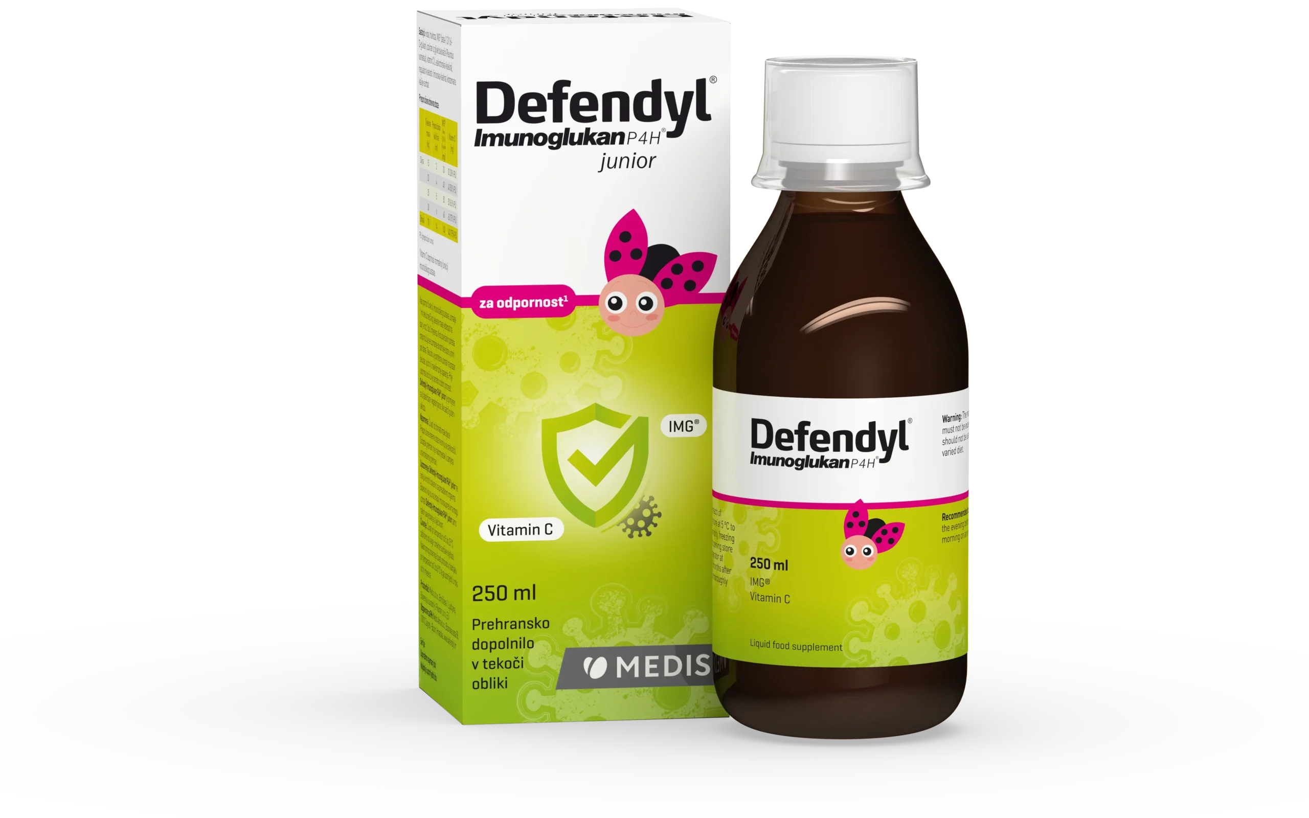Defendyl Imunoglukan P4H® Junior sirup 250 ml Defendyl Imunoglukan P4H Junior sirup 250 ml, prehransko dopolnilo za otroke z IMG iz bukovega ostrigarja in vitaminom C za podporo imunskemu sistemu.