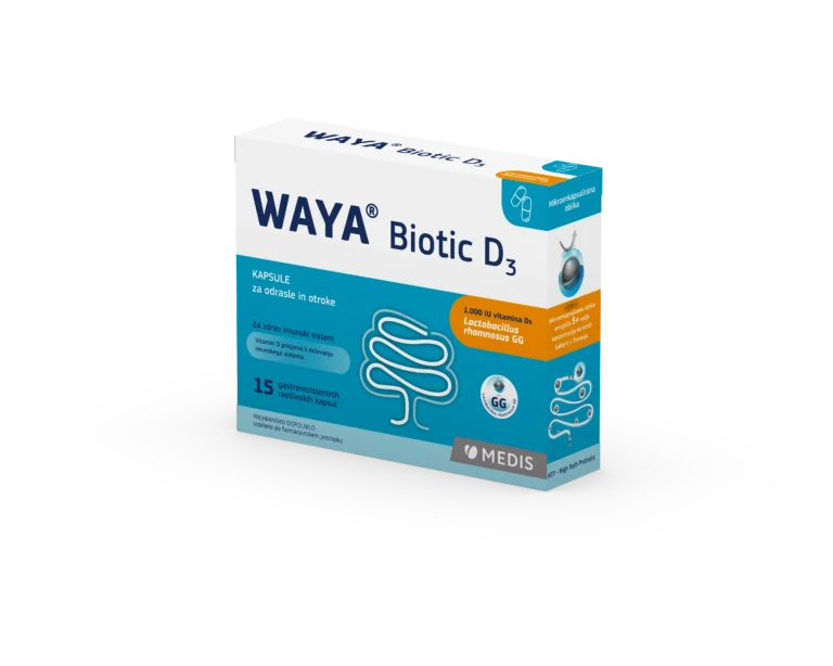 WAYA Biotic D3 kapsule 15 kapsul z vitaminom D3 in mlečnokislinsko bakterijo Lactobacillus rhamnosus GG