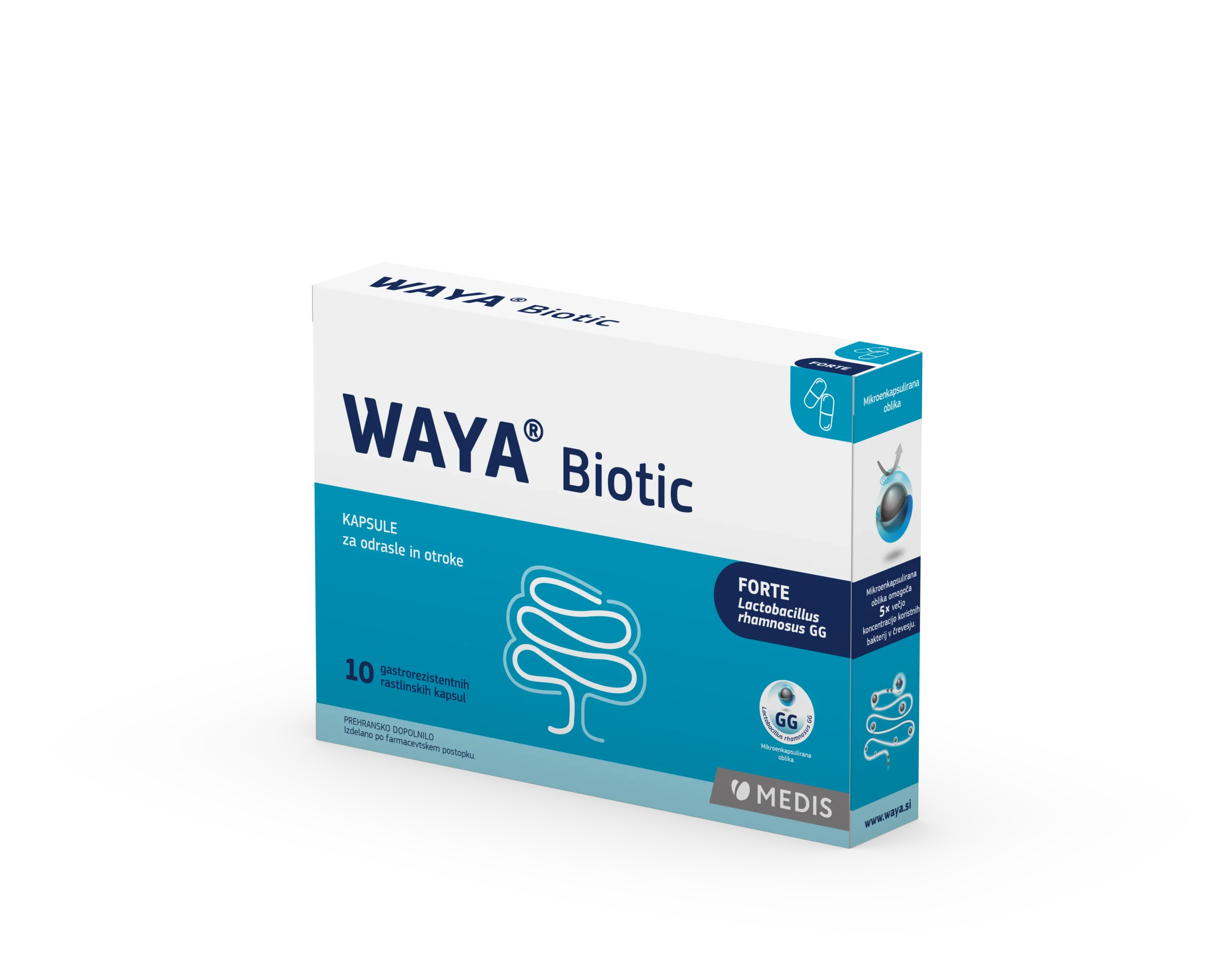 WAYA Biotic kapsule, 10 kapsul WAYA Biotic kapsule 10 kapsul z mikroenkapsulirano mlečnokislinsko bakterijo Lactobacillus rhamnosus GG