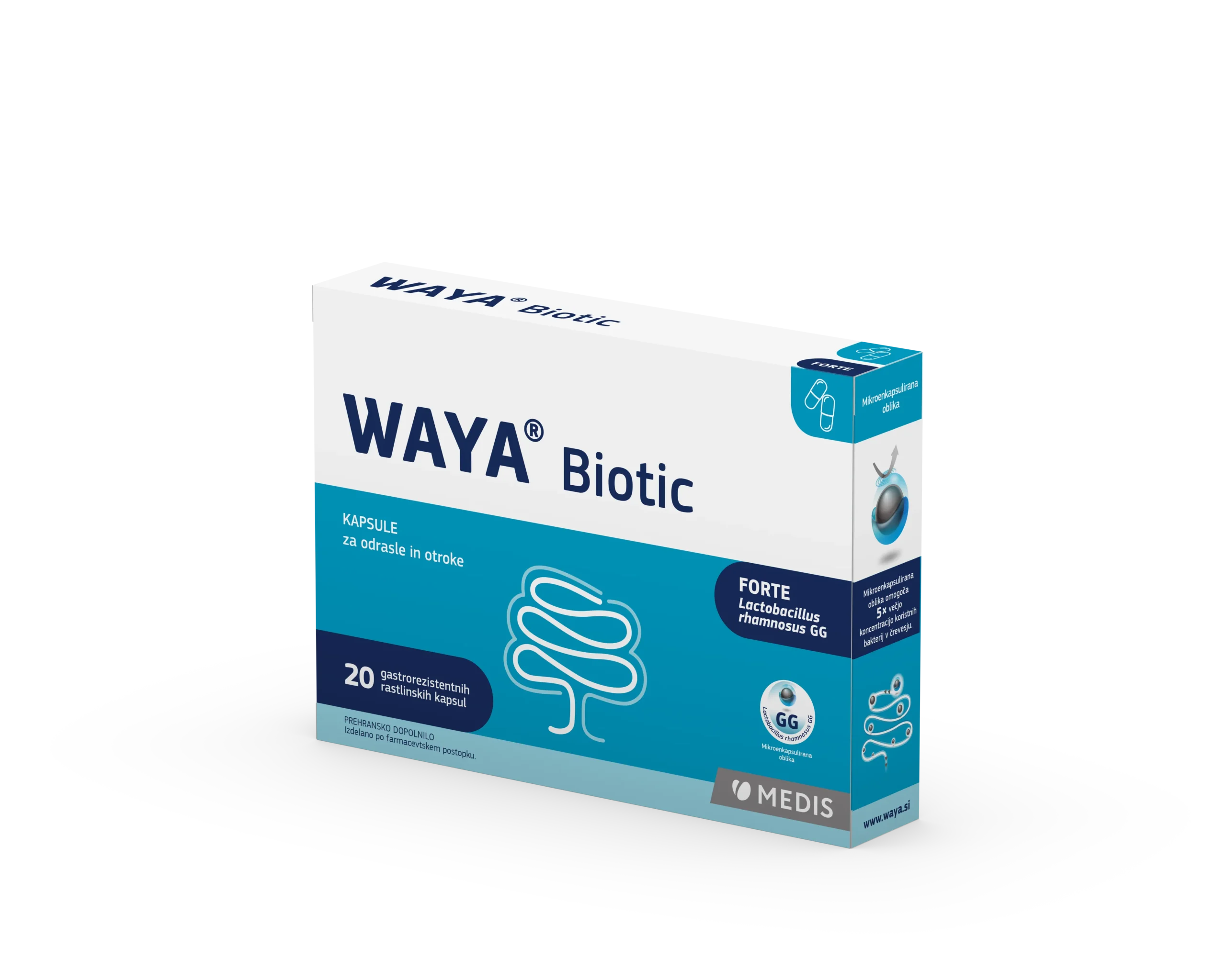 WAYA Biotic kapsule, 20 kapsul WAYA Biotic kapsule 20 kapsul z mikroenkapsulirano mlečnokislinsko bakterijo Lactobacillus rhamnosus GG