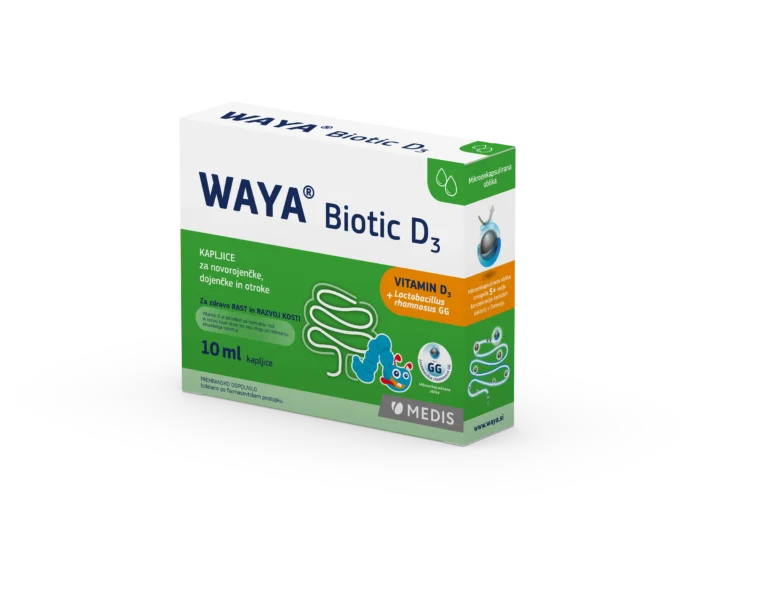 WAYA D3 Biotic kapljice 10 ml z vitaminom D3 in mlečnokislinsko bakterijo Lactobacillus rhamnosus GG za otroke