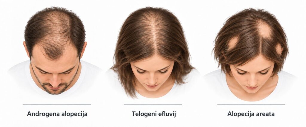 Androgena alopecija, alopecija areata in telogeni efluvij